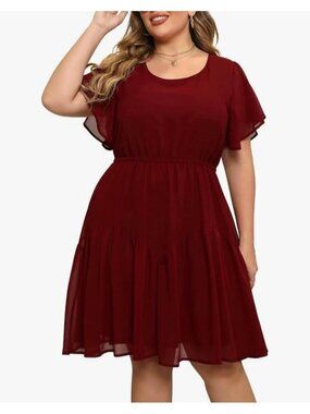NWT sz 14 Burgundy Plus Size Chiffon Lantern Sleeve Short Dress